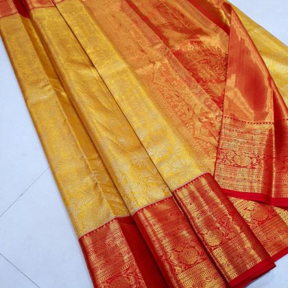 Pure Kanchipuram silk, Gold and pink  2 gram gold handloom pure silk, Wedding silk, Bridal silk saree, silk mark kanchivaram saree, Gold saree UK, Yellow and red saree