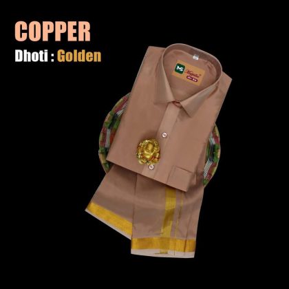 Indian Traditional Boy’s Paddu Dhoti Shirt Set, copper vesti 3 piece set